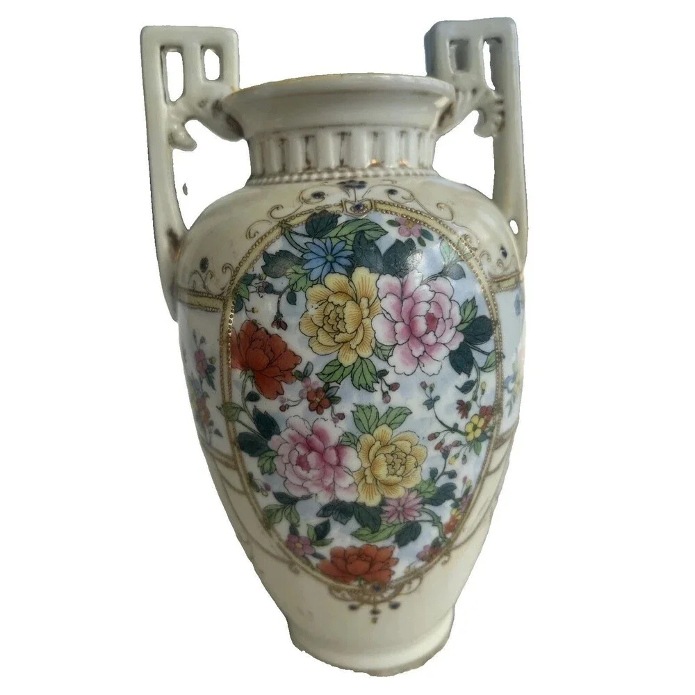 Antique Nippon Hand Painted Porcelain Vase Floral Gold Moriage Handles